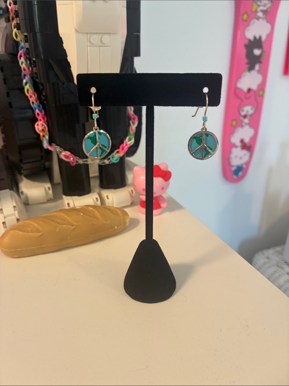 Silver Earth Peace Sign Dangle Earrings Teal Blue Cottagecore Boho